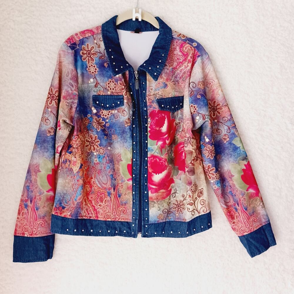 Jacket Women Bomber Zipper Cubism Floral Faux Pockets Studs Rhinestones Size XL